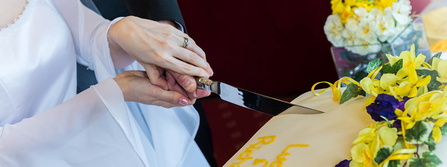 Photograph of a bride and groom cutting a wedding cake